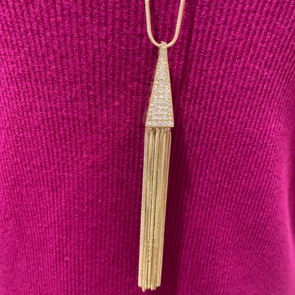 Gold/CZ Pyramid Tassel Pendant Necklace